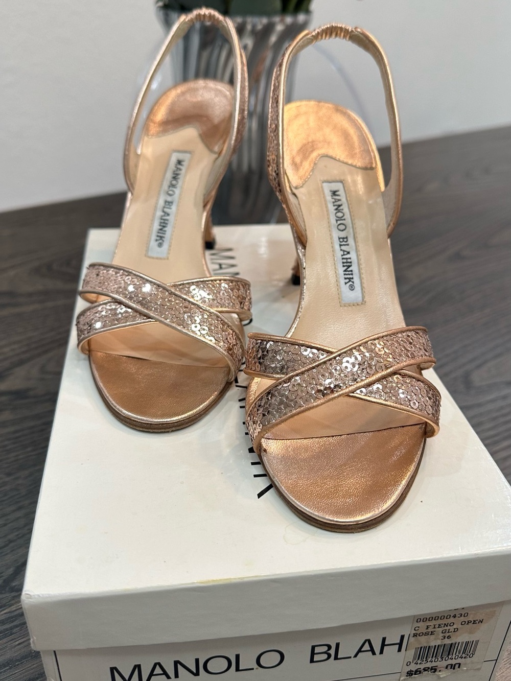 Manolo Blahnik Rose Gold Sequin Crisscross Slingback Heels